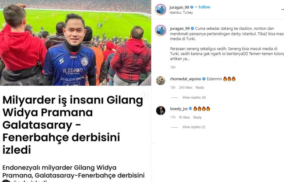 Presiden Arema FC, Gilang Widya Pramana disorot media Turki. (Instagram/juragan_99)