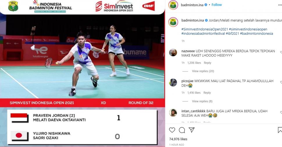 Praveen Jordan/Melati Daeva lolos ke babak 16 besar Indonesia Open 2021. (Instagram/badminton.ina)