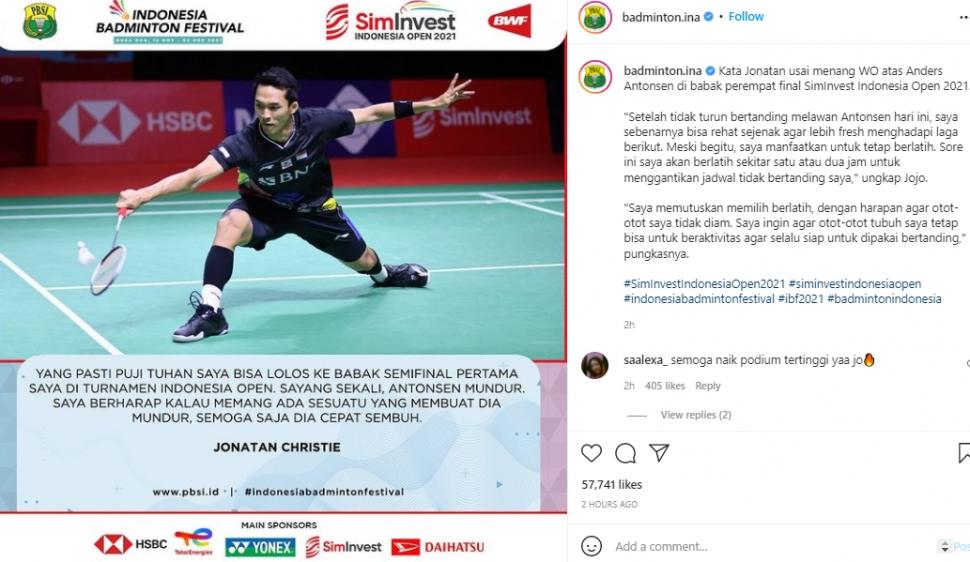 Jonatan Christie langsung latihan usai menang WO. (Instagram/badminton.ina)