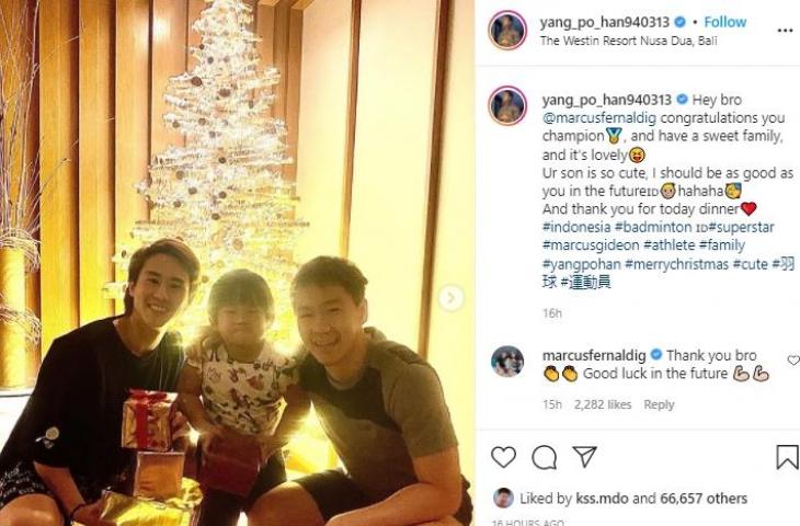 Ganda putra Taiwan Yang Po Han bersama Marcus Fernaldi Gideon dan Junior. (Instagram/@yang_po_han)