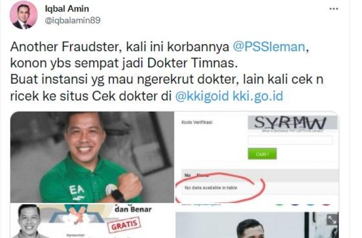 Dokter tim PSS Sleman yang diduga gadungan. (Twitter/@iqbalamin89)