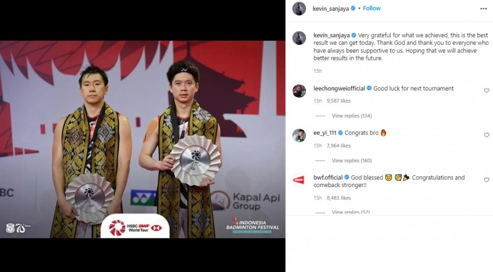 Postingan Kevin Sanjaya yang tulis pesan usai gagal juara dikomentari Lee Chong Wei. (Instagram/kevin_sanjaya)