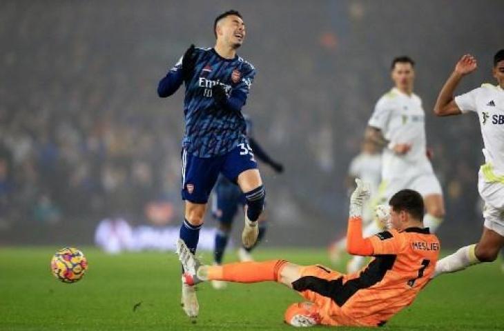 Aksi Gabriel Martinelli saat Arsenal kalahkan Leeds United 4-1. (LINDSEY PARNABY / AFP)