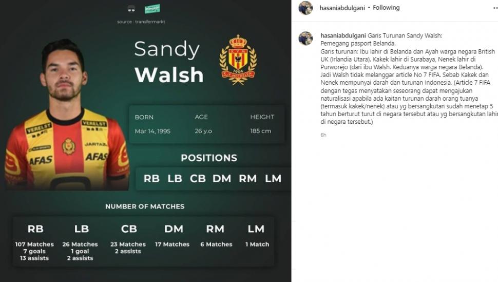 Exco PSSI jabarkan garis keturunan Sandy Walsh. (Instagram/hasaniabdulgani)