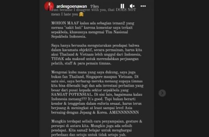 Klarifikasi presenter Ardes Goenawan yang remehkan Timnas Indonesia. (Instagram)