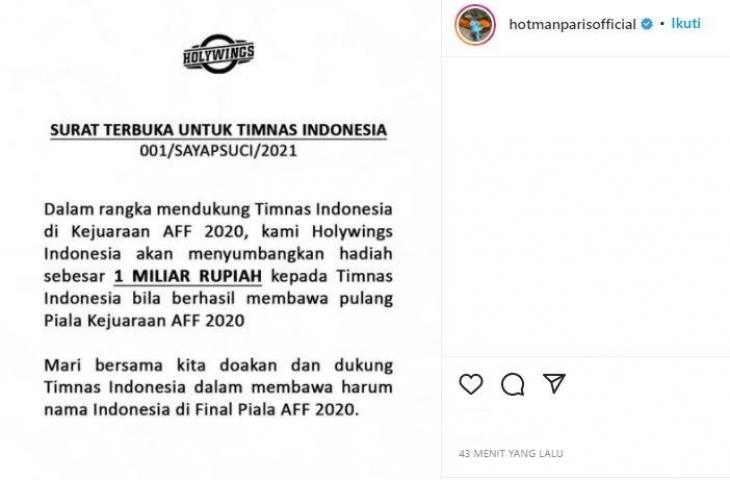 Holywings janjikan bonus Rp 1 miliar untuk Timnas Indonesia jika juarai Piala AFF 2020. (Instagram/@hotmanparisofficial)