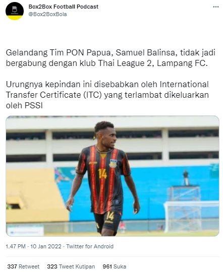 Samuel Balinsa dikabarkan batal bergabung Lampang FC. (Twitter/@Box2BoxBola)