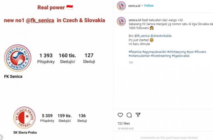 FK Senica banjir follower usai kedatangan Egy Mualana Vikri duet dan Witan Sulaeman. (Instagram/@senica.id)