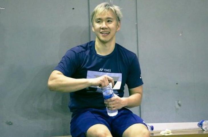 Marcus Gideon warnai rambutnya menjadi Blonde. (Twitter/@INABadminton)