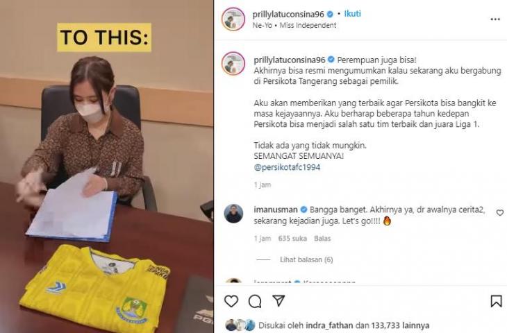 Prilly Latuconsina jadi bos Persikota Tangerang. (Instagram/@prillylatuconsina96)