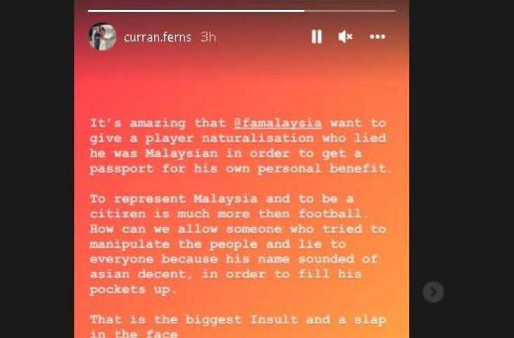 Pemain Malaysia Curran Ferns singgung calon naturalisasi. (Instagram/@curran.ferns)