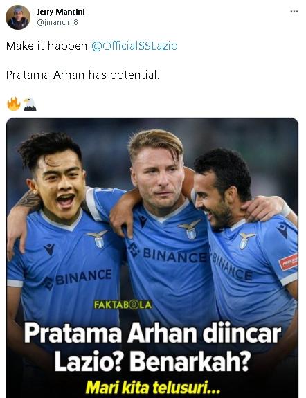 Cuitan Jerry Mancini soal Pratama Arhan. (Twitter) 