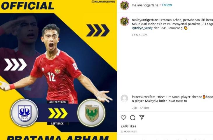 Fans Malaysia soroti Pratama Arhan. (Instagram/@malayantigerfans)