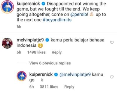 Interaksi pemain Persib Nick Kuipers dan strike Bhayangkara FC Melvin Platje. (Instagram)