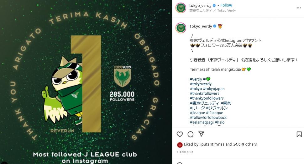 Tokyo Verdy jadi klub Jepang dengan followers terbanyak di Instagram. (Instagram/@tokyo_verdy)