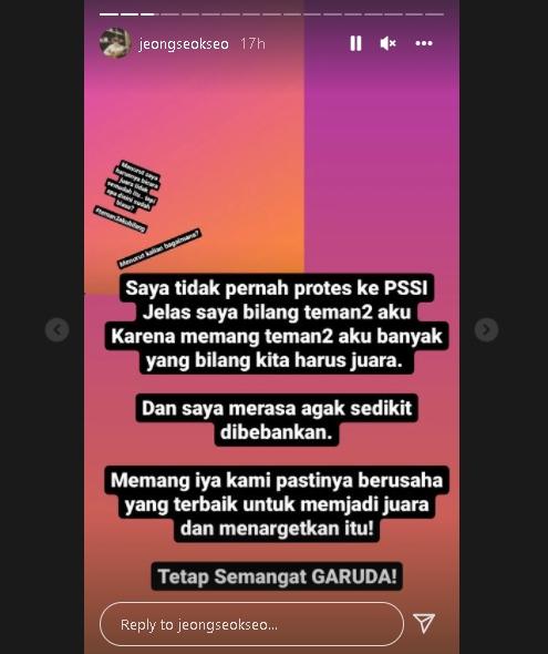 Unggahan penerjemah Shin Tae-yong, Jeong Seok-seo usai disebut protes ke PSSI. (Instagram/@jeongseokseo)