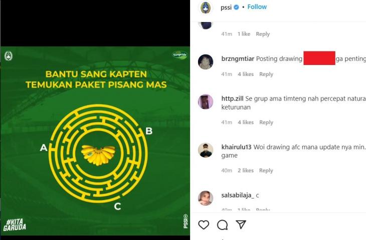 Netizen kecewa PSSI tak kunjung mengunggah hasil undian Kualifikasi Piala Asia 2023. (Instagram/@PSSI)