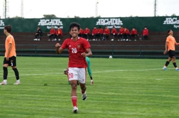 Penyerang Timnas Indonesia U-19, Ricky Pratama merayakan gol ke gawang Alanyaspor pada laga persahabatan di Limak Football Complex, Antalya, Turki, Rabu (24/11/2021). (ANTARA/HO/PSSI)