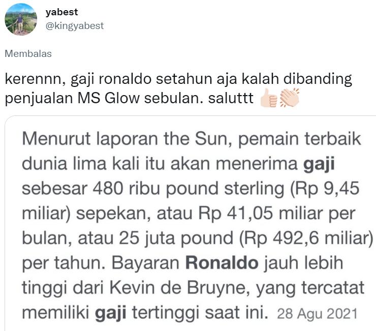 Akun @kingyabest membandingkan pendapatan MS Glow dengan gaji Cristiano Ronaldo. (Twitter/@kingyabest)