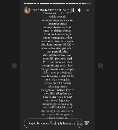 Klarifikasi Carlos Fortes soal kepindahannya ke PSIS Semarang. (Instagram)