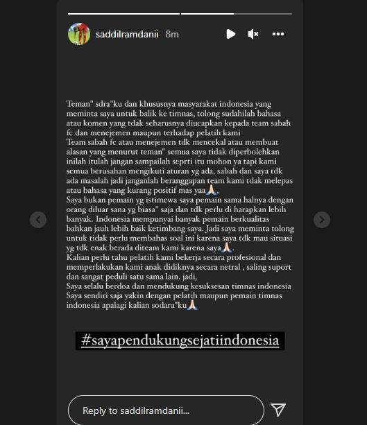 Saddil Ramdani ikut klarifikasi soal keputusan Sabah FC. (Instagram/saddilramdanii)