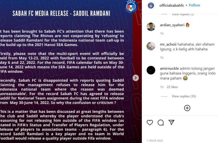 Netizen Malaysia ejek netizen Indonesia. (Instagram/@officialsabahfc)