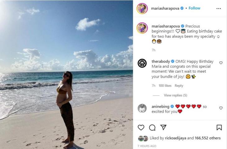 Mantan petenis nomor satu dunia Maria Sharapova menggunakan kesempatan ulang tahunnya yang ke-35 untuk mengumumkan bahwa dia hamil anak pertama. (Instagram/@mariasharapova)