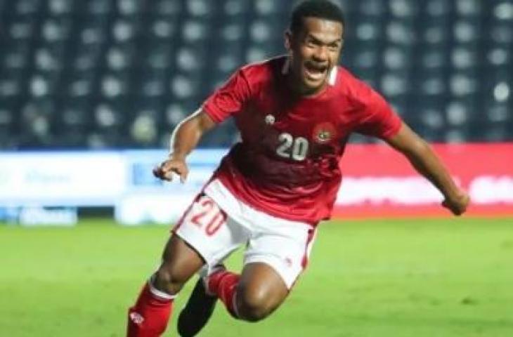 Selebrasi peman Timnas Indonesia Ramai Rumakiek setelah menjebol gawang Taiwan. (dok. pssi.org)