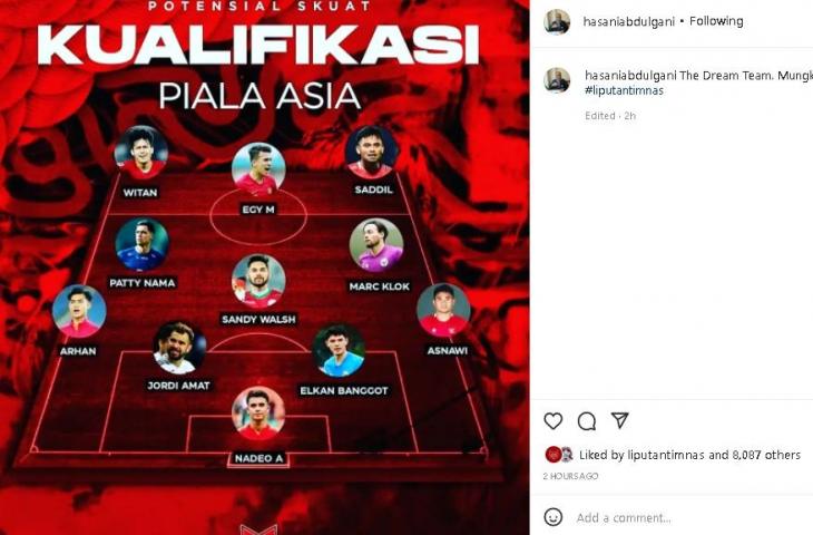 Prediksi Line Up Timnas Indonesia di Kualifikasi Piala Asia 2023 versi Hasani Abdulgani. (Instagram/@hasaniabdulgani)