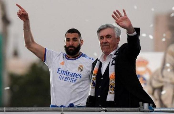 Carlo Ancelotti antar Real Madrid juara Liga Spanyol musim 2021/2022. (AFP)