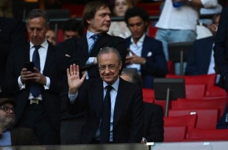 Presiden Real Madrid, Florentino Perez, di Wanda Metropolitano Stadium pada 8 Mei 2022. (Gabriel Bouys/AFP)