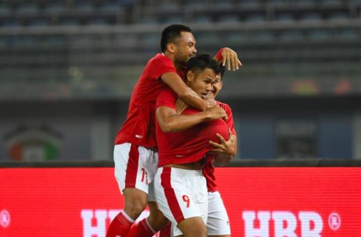 Selebrasi Dimas Drajad usai cetak gol saat Timnas Indonesia lumat Nepal 7-0 di Kualifikasi Piala Asia 2023. (Dok. AFC)