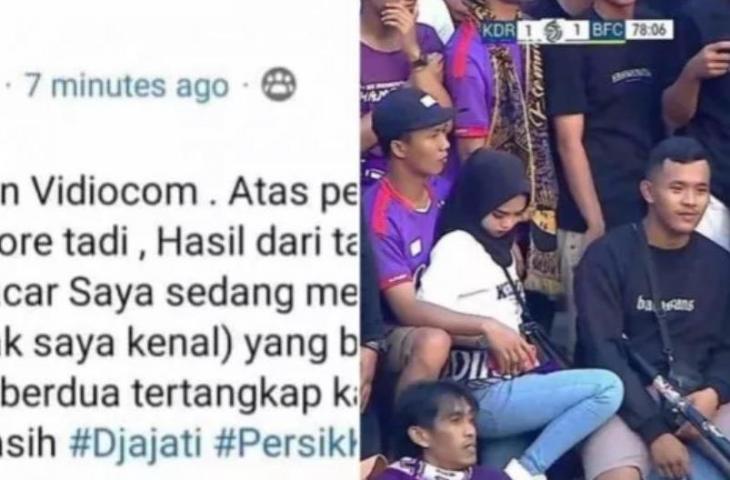 Momen menggelikan seorang pria memergoki pacarnya selingkuh saat menonton pertandingan tersebut. [Twitter @tweetpersik]