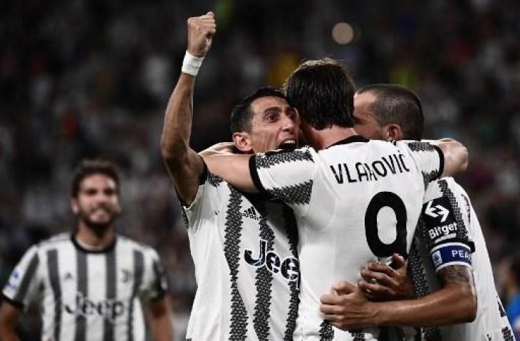 Selebrasi Angel Di Mari usai cetak gol saat Juventus kalahkan Sassuolo 3-0 di pekan perdana Liga Italia 2022/2023. (AFP)