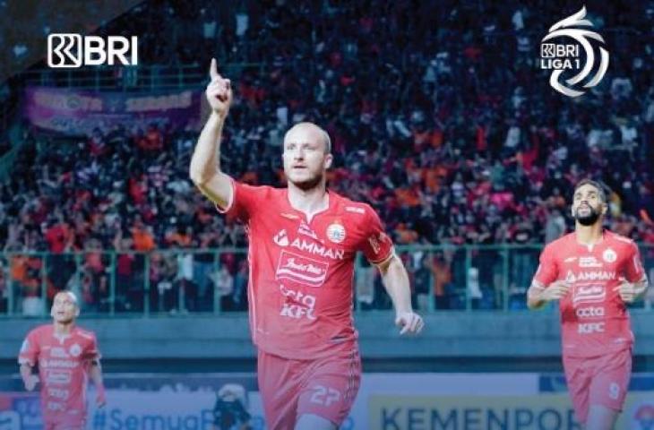 Selebrasi Michael Krmencik saat mengantarkan Persija Jakarta menang atas Bhayangkara FC, Sabtu (3/9). (Instagram/@liga1match)