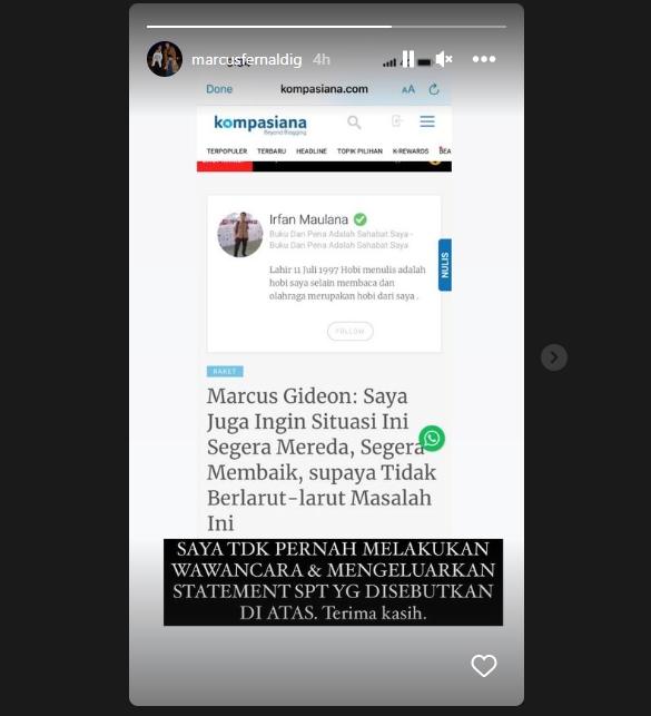 Marcus Gideon beri klarifikasi soal pernyataan yang beredar. (Instagram/marcusfernaldig)