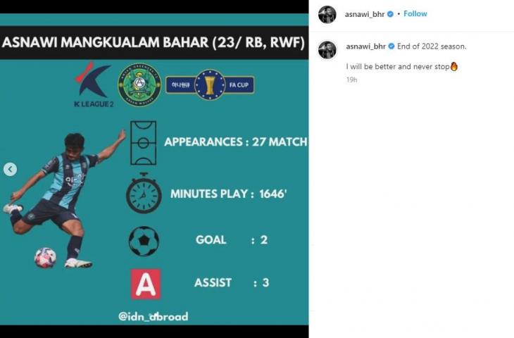 Statistik Asnawi Mangkualam bersama Ansan Greeners di musim ini. (Instagram/asnawi_bhr)