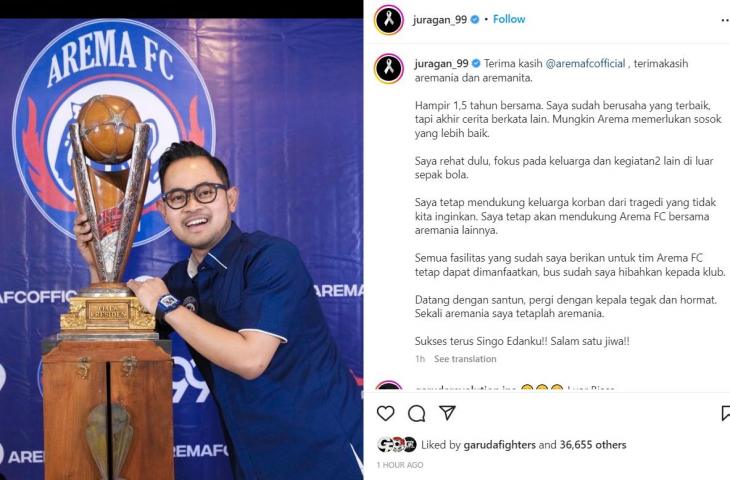 Gilang Widya Pramana mundur dari kursi Presiden Arema FC (Instagram/juragan_99)