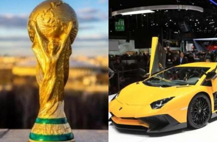 Ilustrasi trofi Piala Dunia 2022 dan Lamborghini Aventador. (Foto: Shutterstock)