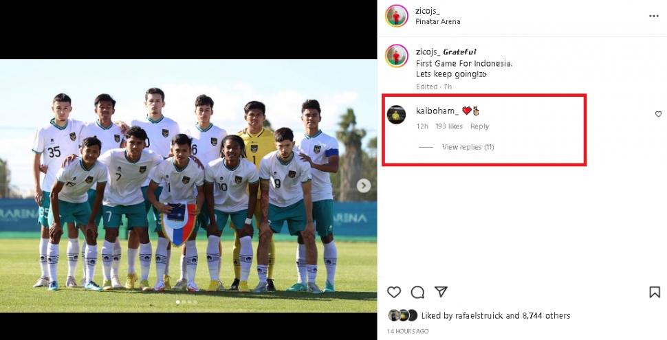 Kai Boham tanggapi postingan Zico Soree bersama Timnas Indonesia U-20. (Instagram/@zicojs_)