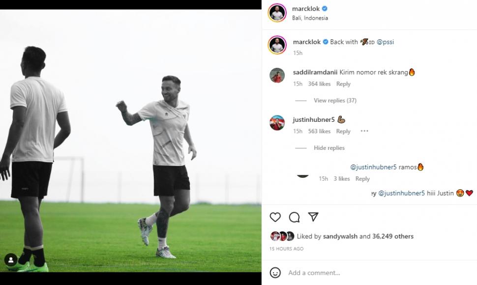 Justin Hubner memberikan dukungan untuk Marc Klok yang gabung TC timnas Indonesia. (Instagram/marcklok)