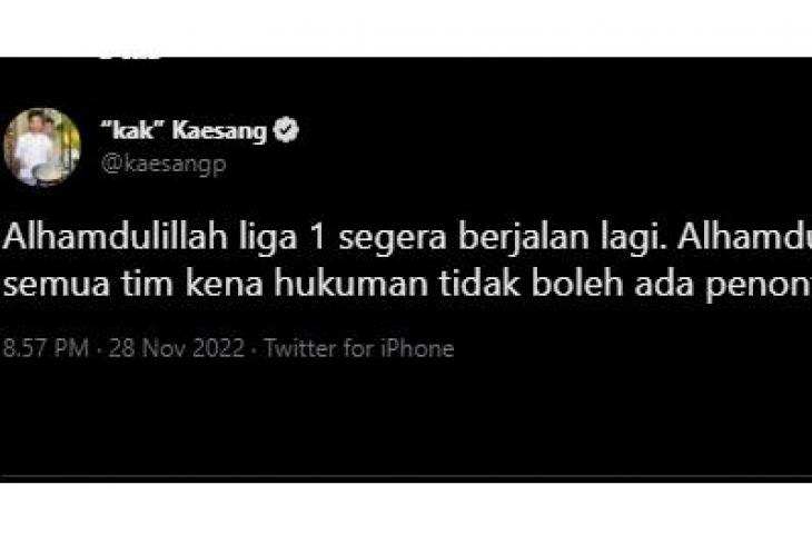 Bos Persis Solo, Kaesang pangarep senang Liga 1 akan digulirkan kembali (Twitter/kaesangp)