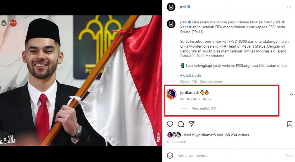 Jordi Amat mengomentari resmi perpindahan federasi Sandy Walsh. (Instagram/PSSI)