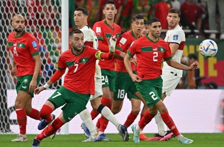 Timnas Maroko kalahkan Portugal 1-0 di At-Thumama Stadium, Qatar pada babak semifinal Piala Dunia 2022. (AFP/Alberto PIZZOLI 