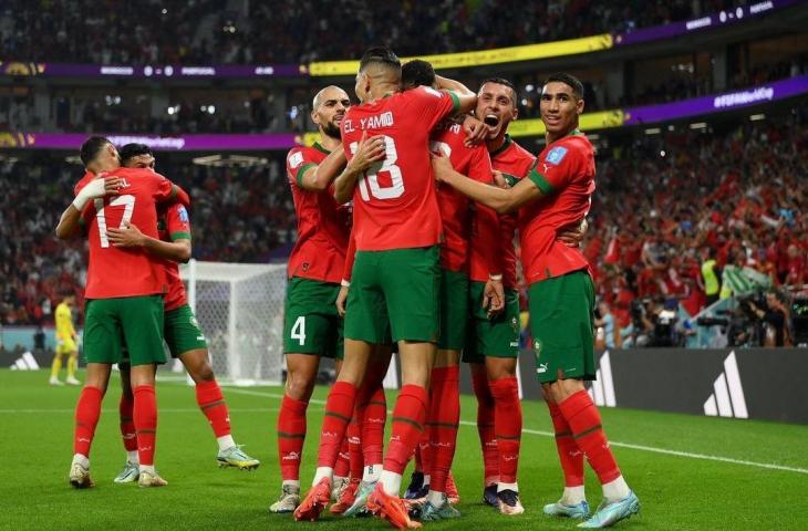 Selebrasi pemain Timnas Maroko usai lolos ke semifinal Piala Dunia 2022 usai mengalahkan Portugal. (Twitter)