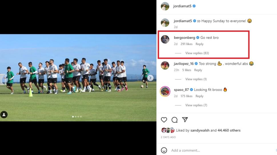 Komentar pemain JDT, Bergson yang meminta Jordi Amat untuk istirahat. (Instagram/jordiamat5)