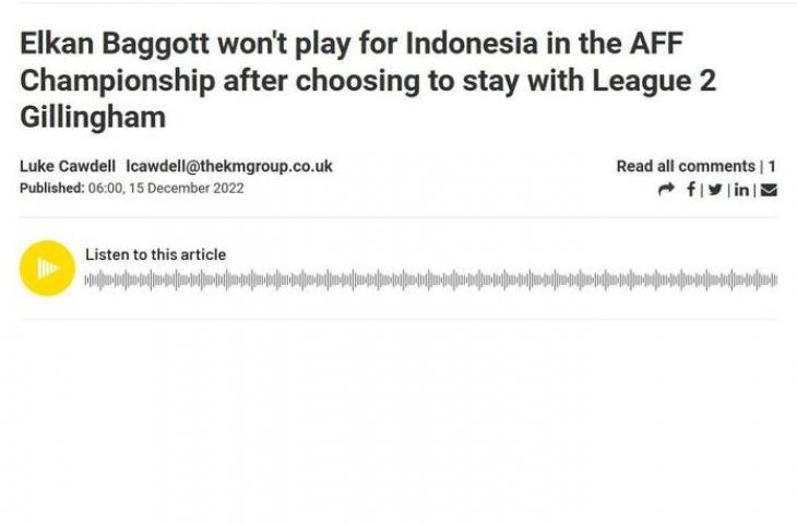 Media Inggris sebut Elkan Baggott tak akan membela Timnas Indonesia di Piala AFF 2022 (Kent Online)