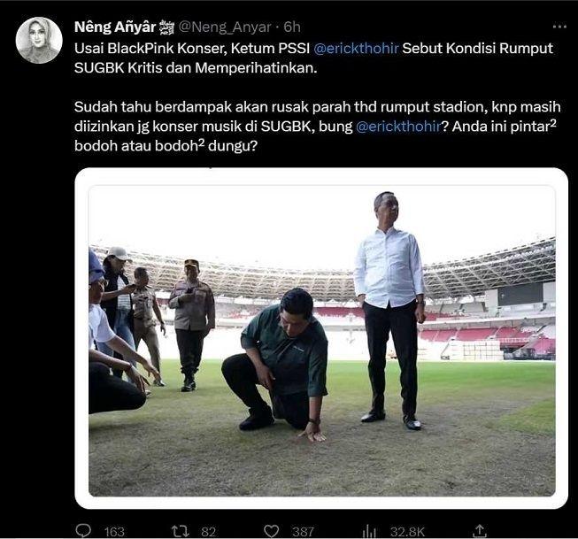 Ketua Umum PSSI, Erick Thohir jadi sorotan warganet usai rumput Stadion Utama Gelora Bung Karno (SUGBK) mengalami kerusakan gara-gara dipakai konster BLACKPINK pada 11-12 Maret lalu. [Twitter/@Neng_Anyar]