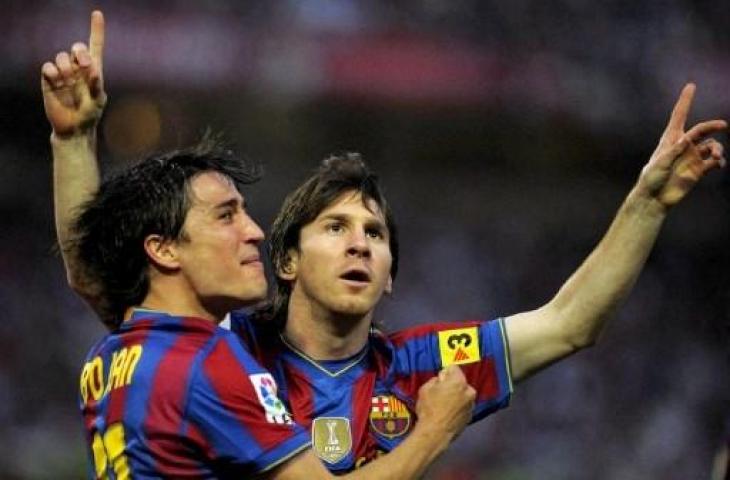 Potret Bojan Krkic dan Lionel Messi saat berseragam Barcelona. (AFP)