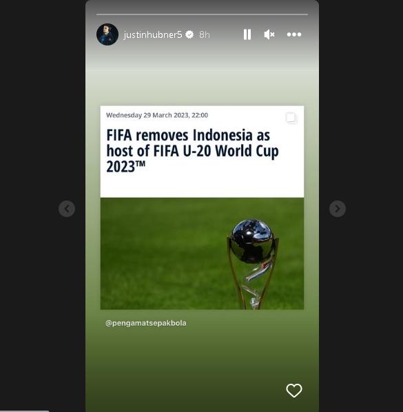 Reaksi Justin Hubner usai FIFA  cabut status Indonesia sebagai tuan rumah Piala Dunia U-20 2023. (Instagram/@justinhubner)